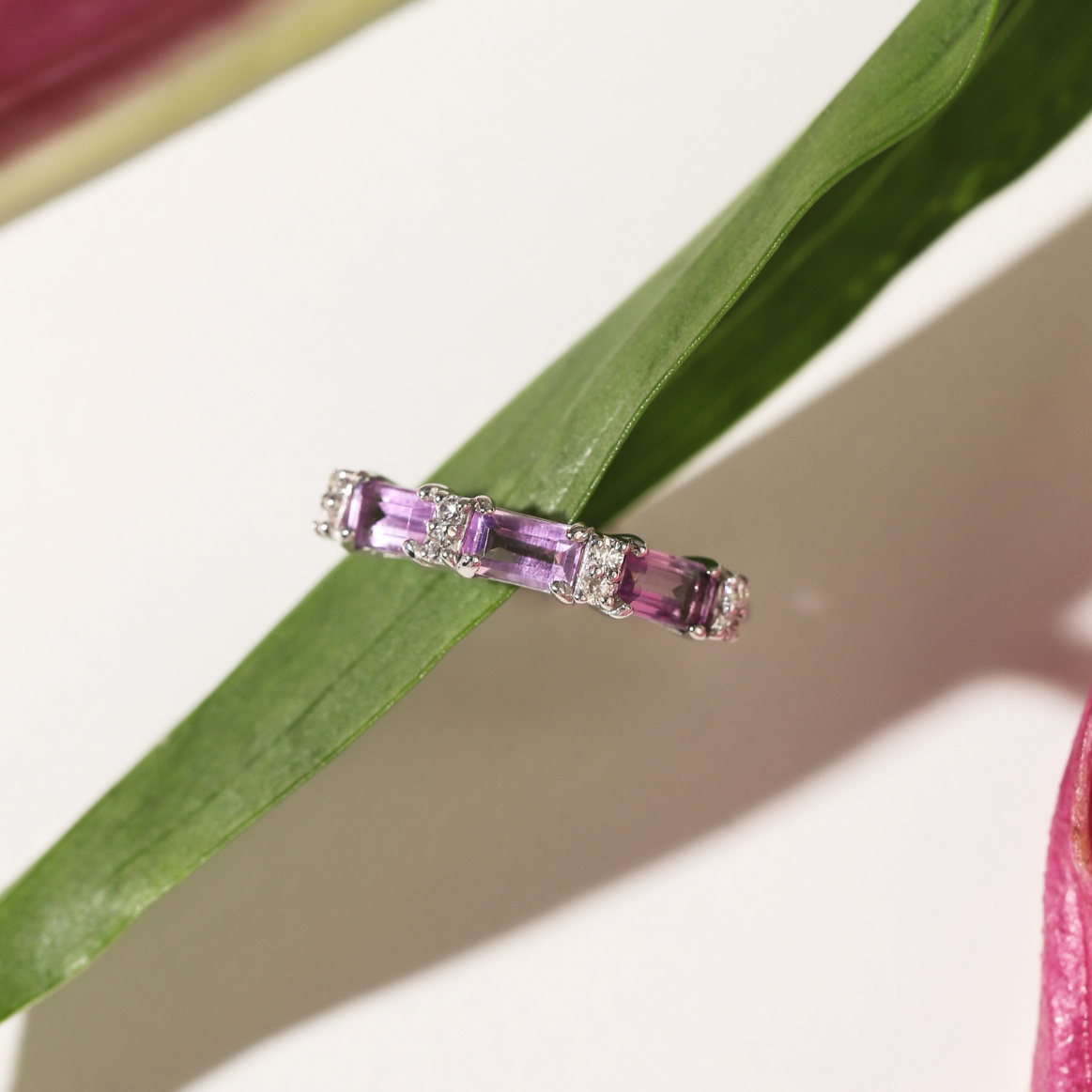 Lavender Amethyst Emerald Cut Eternity Ring in Sterling Silver