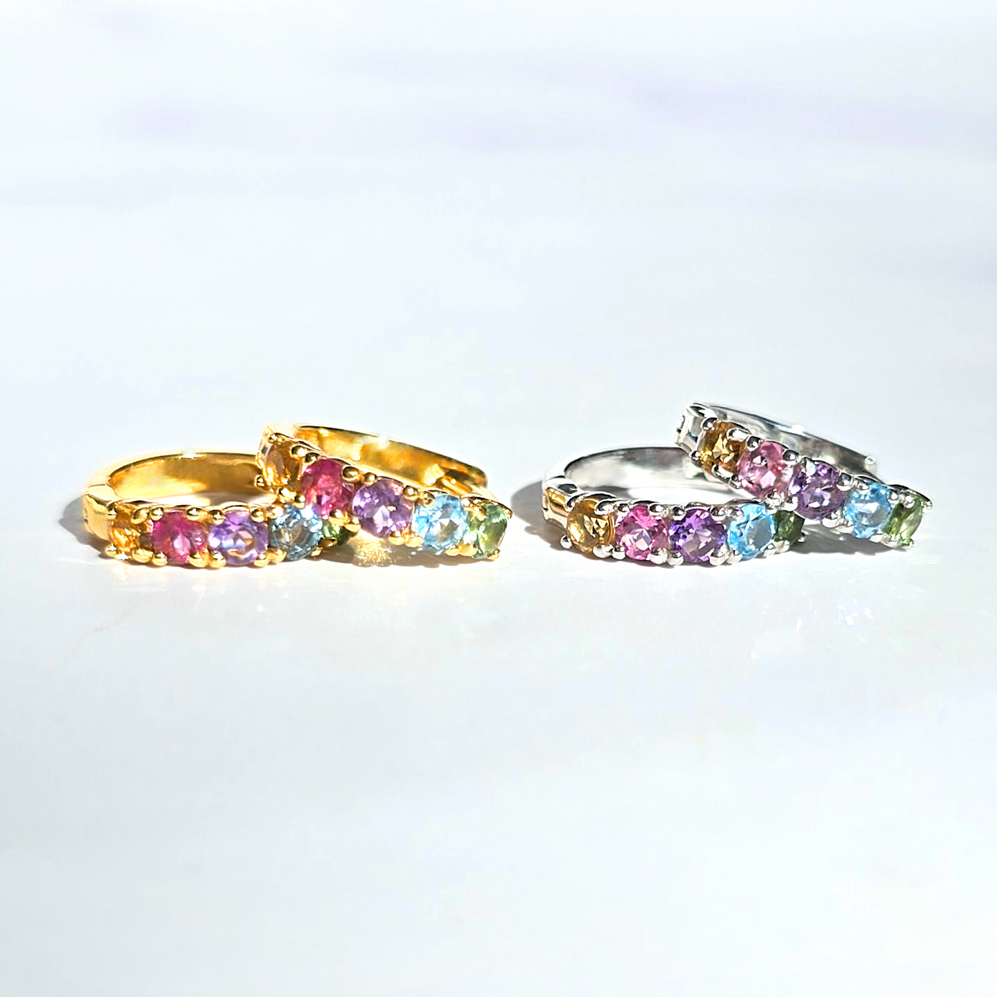 Rainbow Gemstone Huggie Hoop Earrings in Sterling Silver
