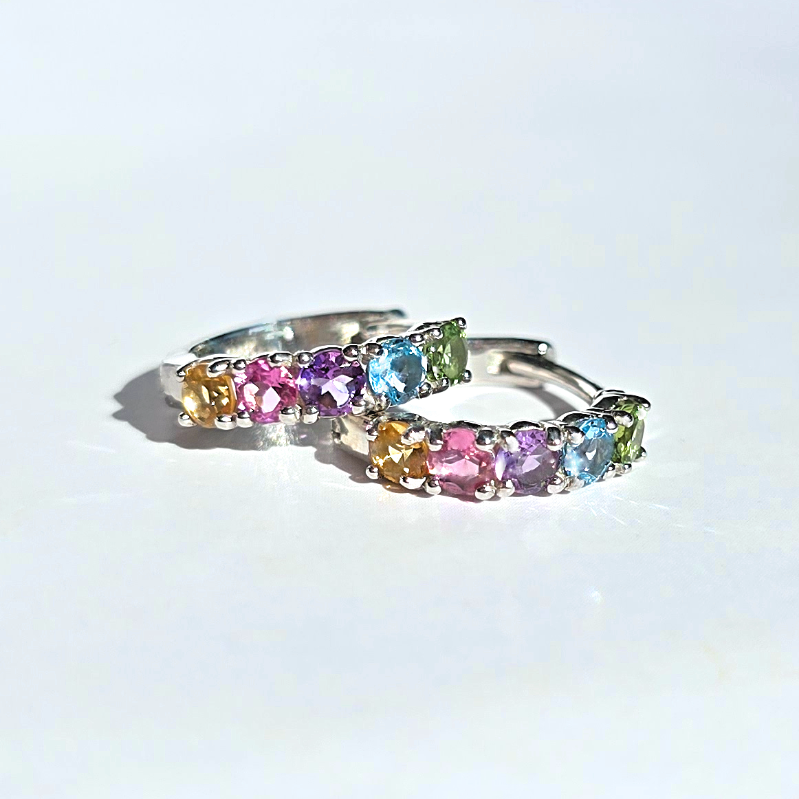 Rainbow Gemstone Huggie Hoop Earrings in Sterling Silver