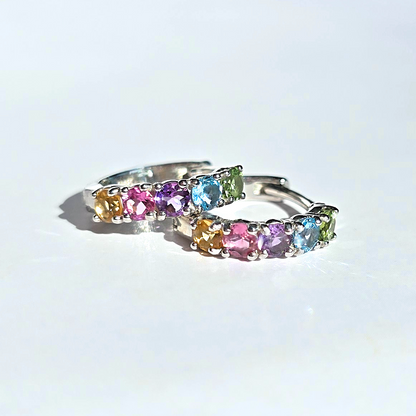 Rainbow Gemstone Huggie Hoop Earrings in Sterling Silver