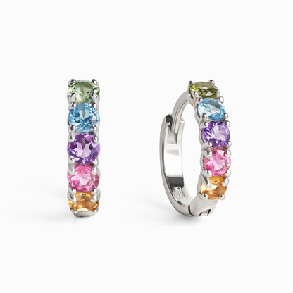 Rainbow Gemstone Huggie Hoop Earrings in Sterling Silver